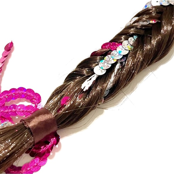 Childrens Ponytail Hair Extension Braids Rainbow Brown Pink Sequins Brunette Fun - Picture 10 of 10